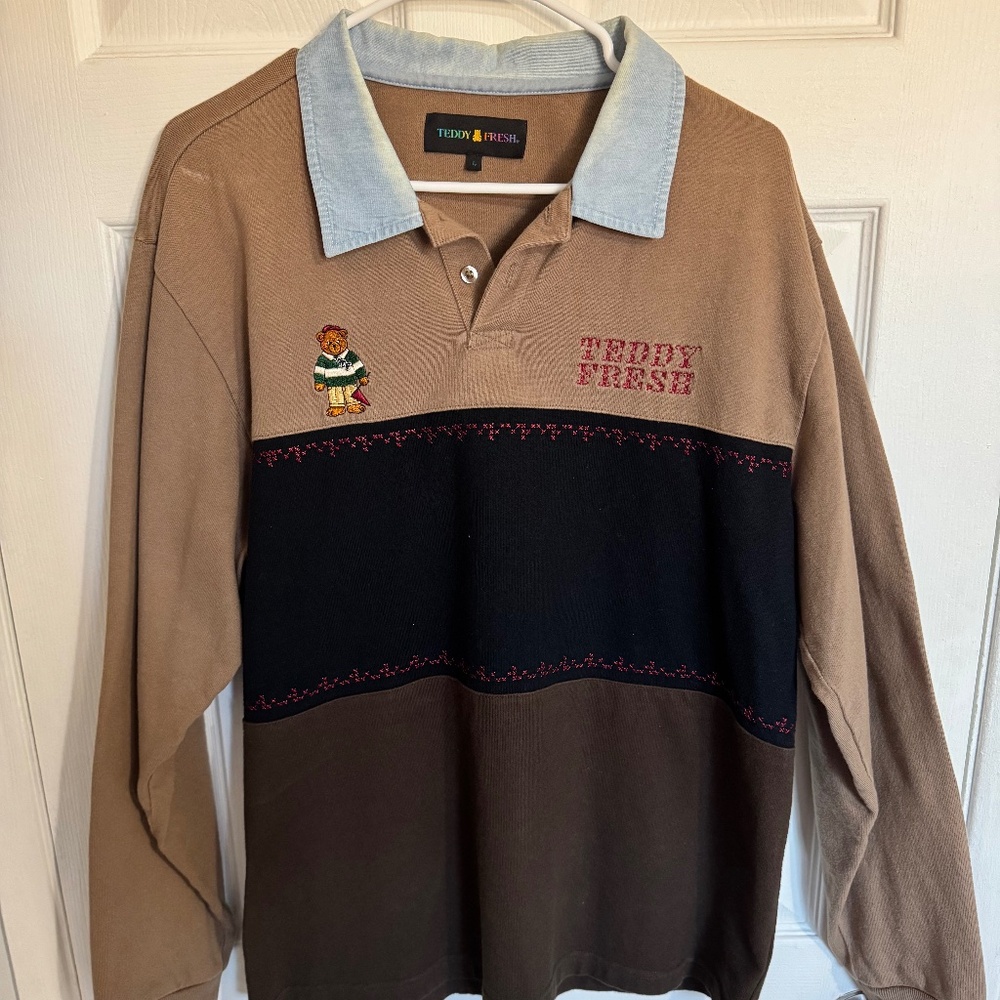 Teddy Fresh Blocked Rugby Long Sleeve Collar Shirt Size Large